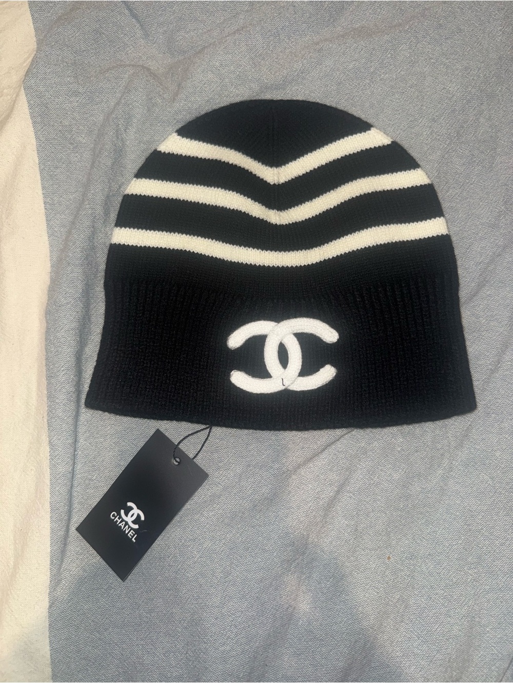 CHANEL Black & White Striped CC Logo Beanie